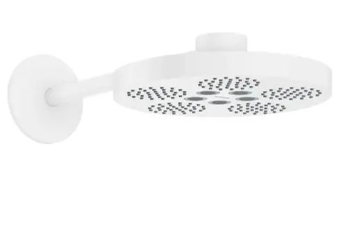 Weißer Kopfbrause mit runder Form und mehreren Düsen, montiert an einem Wandarm. Das Produkt ist von AXOR konzipiert und hat ein minimalistisches Design.